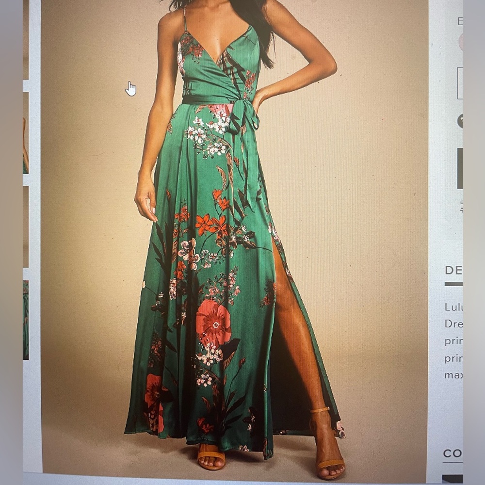 NWT LULU’S Silky Emerald Floral Maxi Slit Dress (Size M)